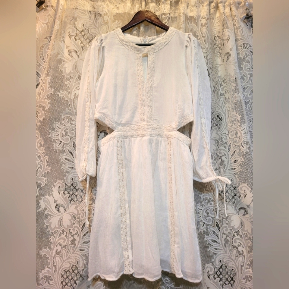 Mango Womens Sz L White Crochet Embroidered Midi-Dress w/ Side Cut Outs